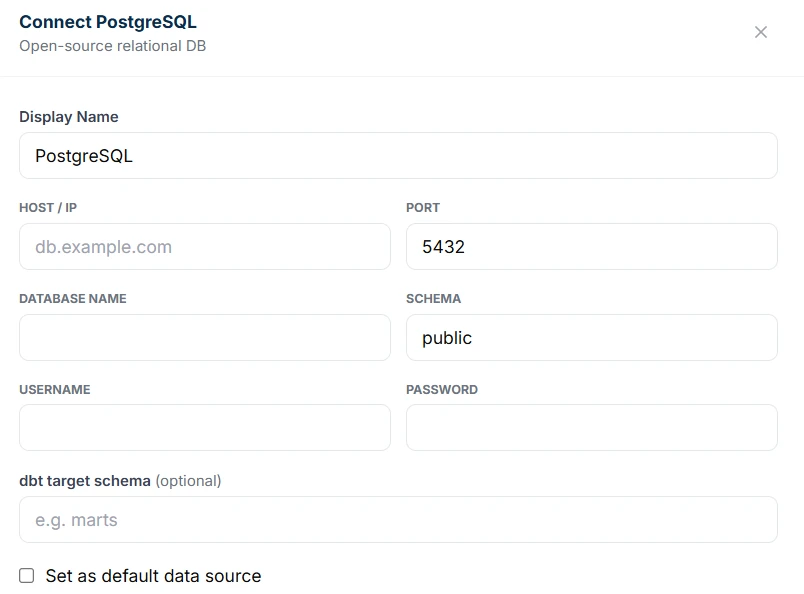 The Connect PostgreSQL form: display name, host, port, database name, schema, username, password, an optional dbt target schema and a default-source checkbox