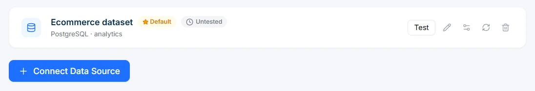 The Data Sources tab in Intellrise settings: one saved PostgreSQL source with Test and edit buttons, and a Connect Data Source button