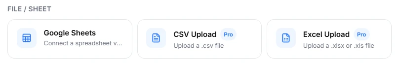 The File / Sheet choices in Intellrise: Google Sheets, CSV Upload and Excel Upload
