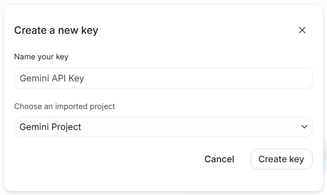 Google AI Studio's Create a new key window, with Gemini Project chosen and a Create key button