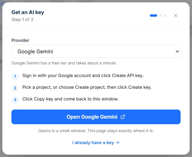 The Get an AI key window in Intellrise, step 1 of 3, with Google Gemini selected and an Open Google Gemini button