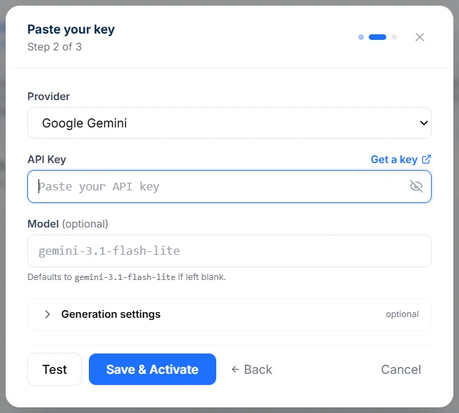 The Paste your key window in Intellrise, step 2 of 3, with an empty API Key box and a Save & Activate button