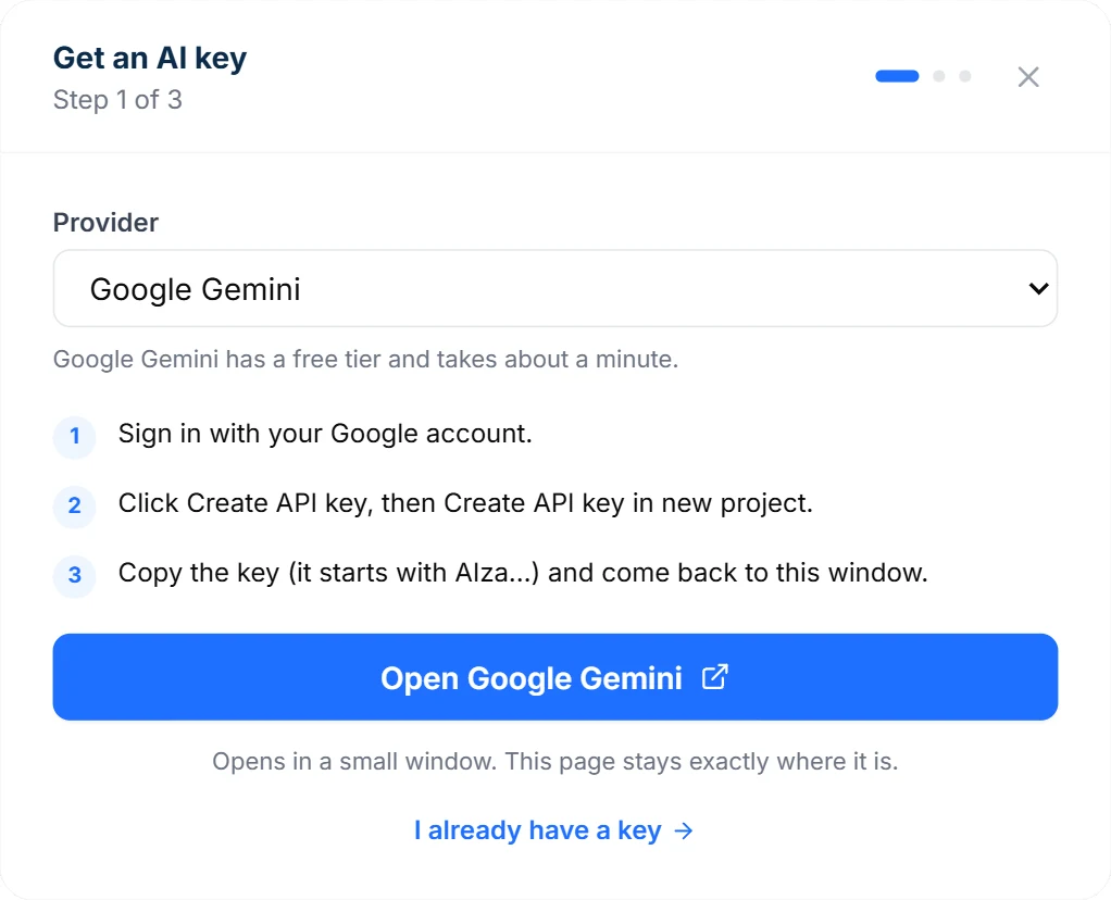 The Get an AI key window in Intellrise settings, with Google Gemini selected and an Open Google Gemini button
