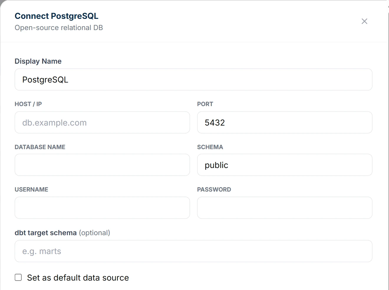 The Connect PostgreSQL form: display name, host, port, database name, schema, username, password and an optional dbt schema