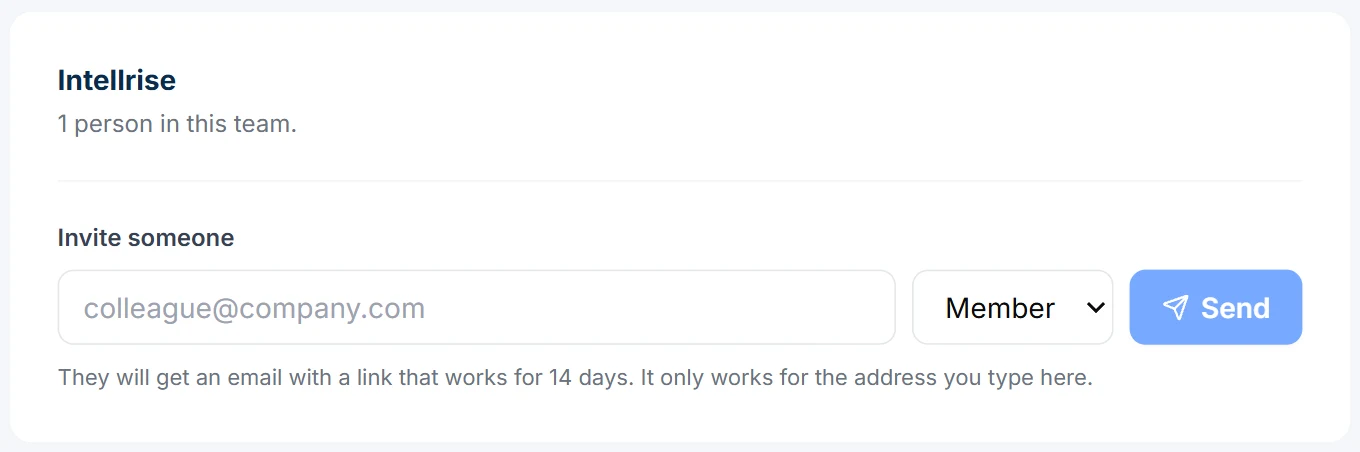 The Invite someone box in Intellrise team settings, with an email field, a Member role and a Send button